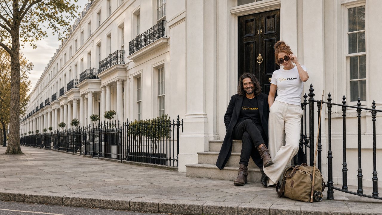 A man and woman in Rich Tramp tees on the steps of a white stucco Kensington townhouse