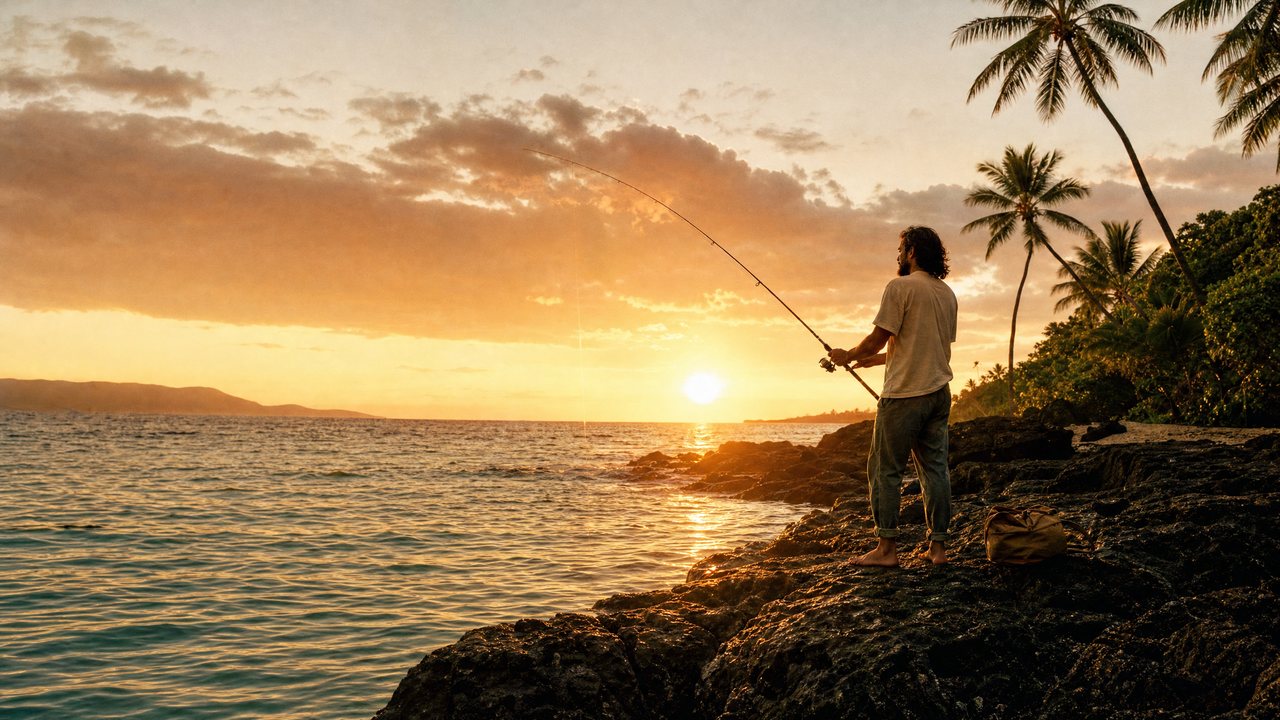 A fisherman casting his line into a Hawaiian sunset from the rocks, palm trees behind him